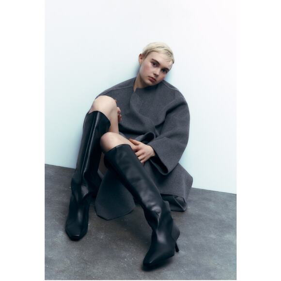 Zara Black HEELED LEATHER KNEE HIGH BOOTS Size 8 - Picture 6 of 7